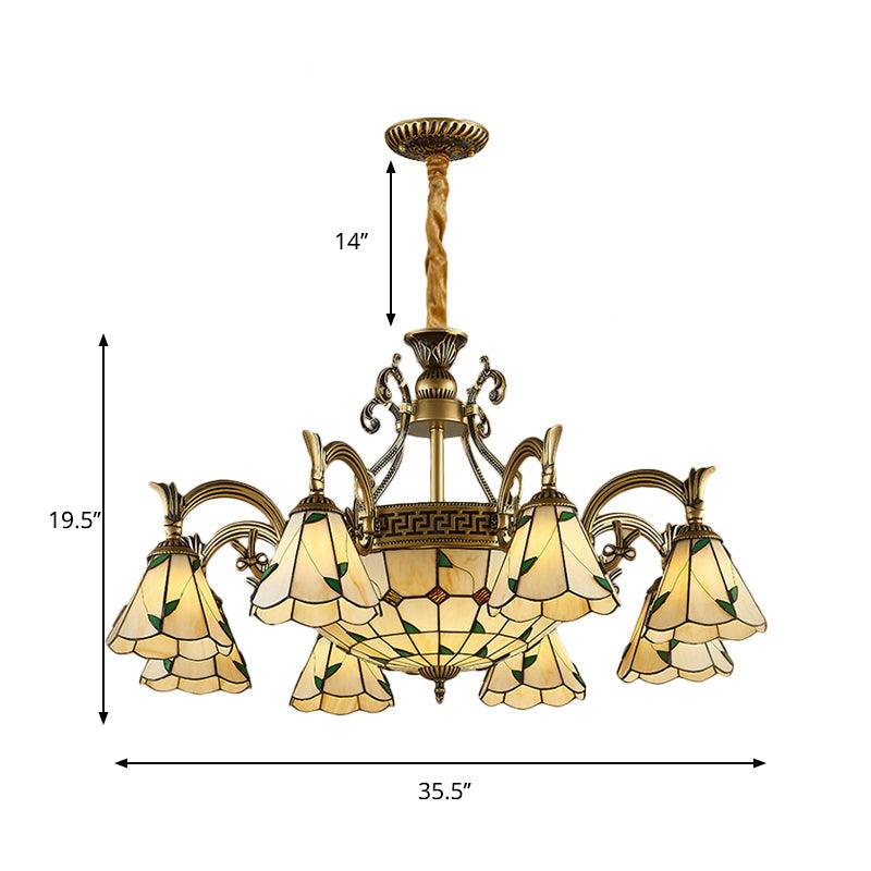 Country Style Dome Pendant Light with Cone Stained Glass Chandelier Lamp in Beige - Rebooters