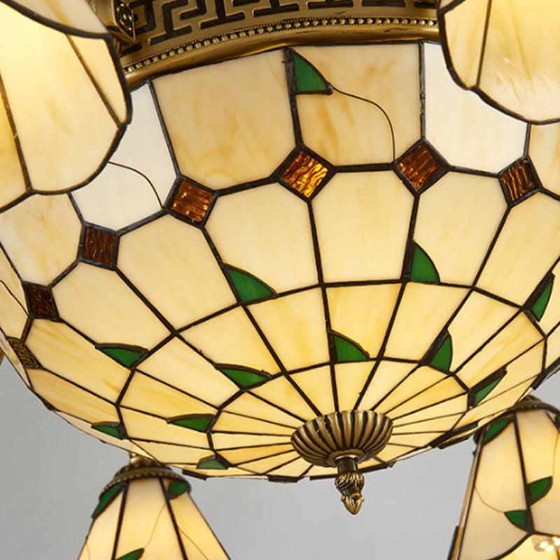 Country Style Dome Pendant Light with Cone Stained Glass Chandelier Lamp in Beige - Rebooters