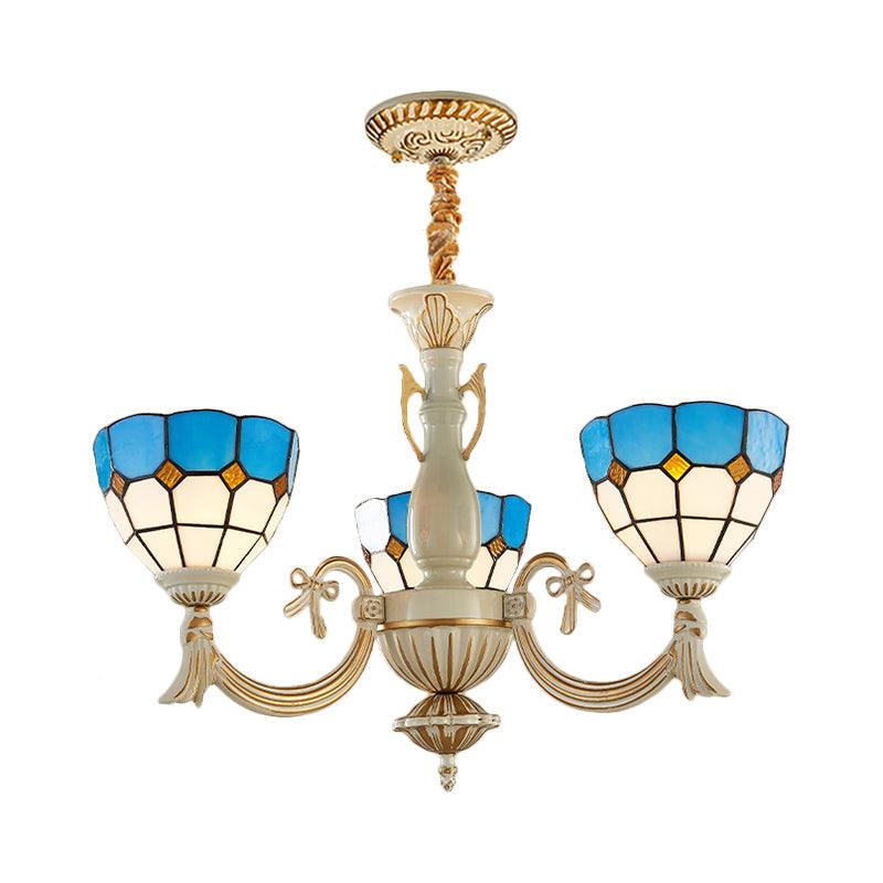 Baroque Bowl Ceiling Hanging Light with Curved Arm 3 Lights Stained Glass Chandelier - Rebooters