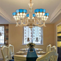 5 Lights Bowl Chandelier Light in Blue Mediterranean Glass Pendant Light for Hall - Rebooters