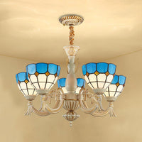 5 Lights Bowl Chandelier Light in Blue Mediterranean Glass Pendant Light for Hall - Rebooters