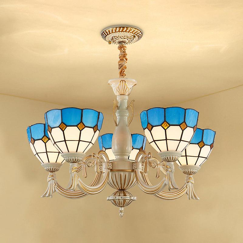 5 Lights Bowl Chandelier Light in Blue Mediterranean Glass Pendant Light for Hall - Rebooters