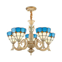 5 Lights Bowl Chandelier Light in Blue Mediterranean Glass Pendant Light for Hall - Rebooters