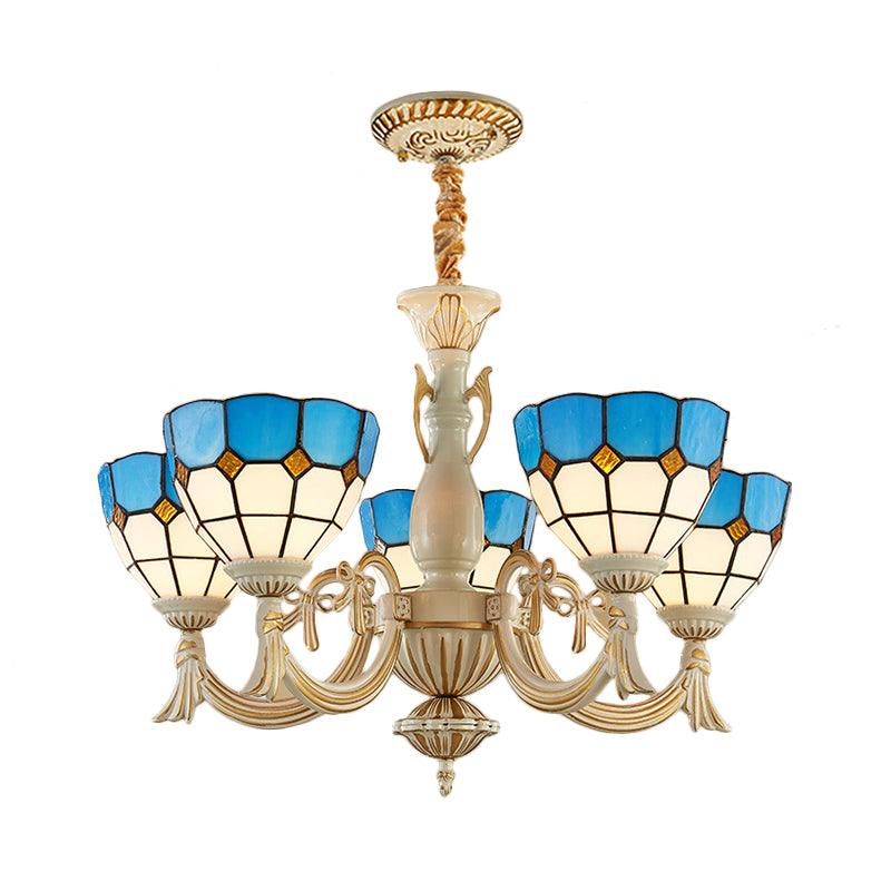 5 Lights Bowl Chandelier Light in Blue Mediterranean Glass Pendant Light for Hall - Rebooters