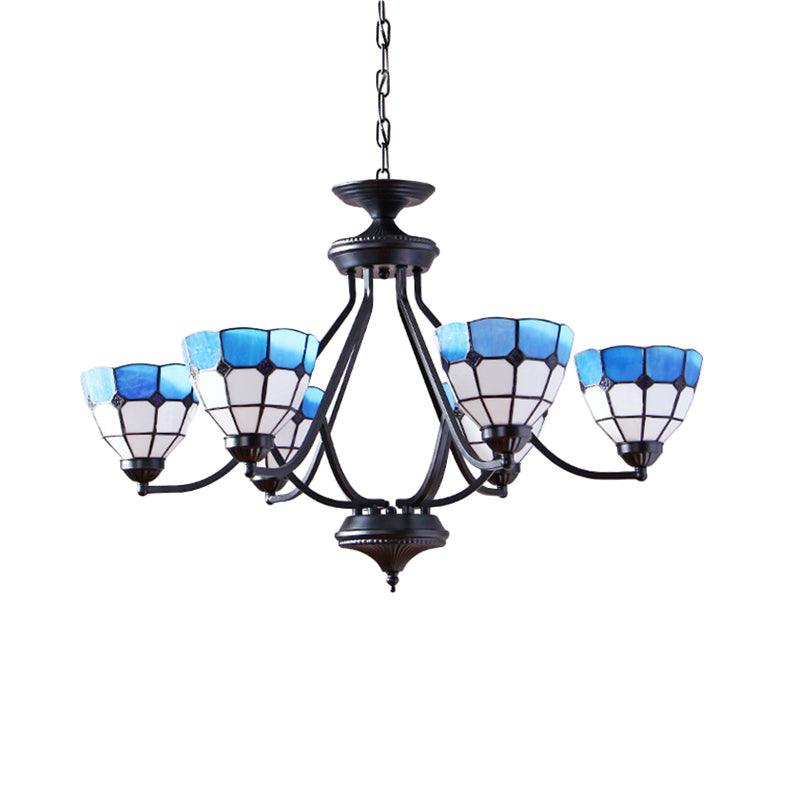 6/8 Lights Upward Chandelier Light with Bowl Shade Blue Tiffany Pendant - Rebooters