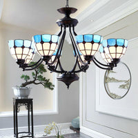6/8 Lights Upward Chandelier Light with Bowl Shade Blue Tiffany Pendant - Rebooters