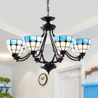6/8 Lights Upward Chandelier Light with Bowl Shade Blue Tiffany Pendant - Rebooters