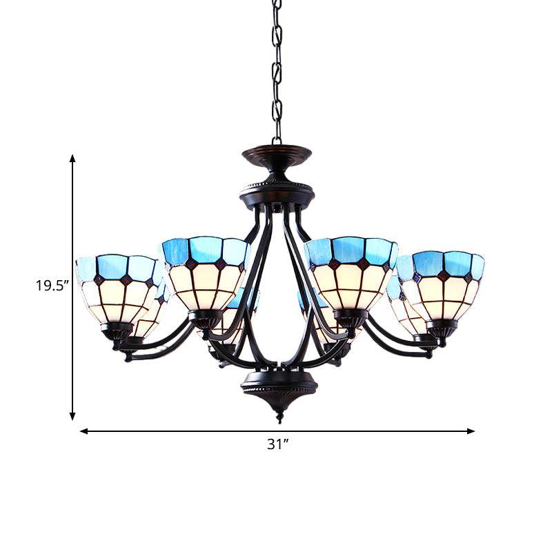 6/8 Lights Upward Chandelier Light with Bowl Shade Blue Tiffany Pendant - Rebooters