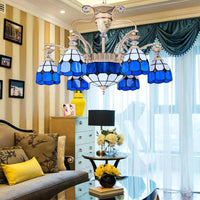 9-Light Chandelier Lighting Tiffany Grid Patterned Stained Glass Ceiling Lamp in Blue - Rebooters