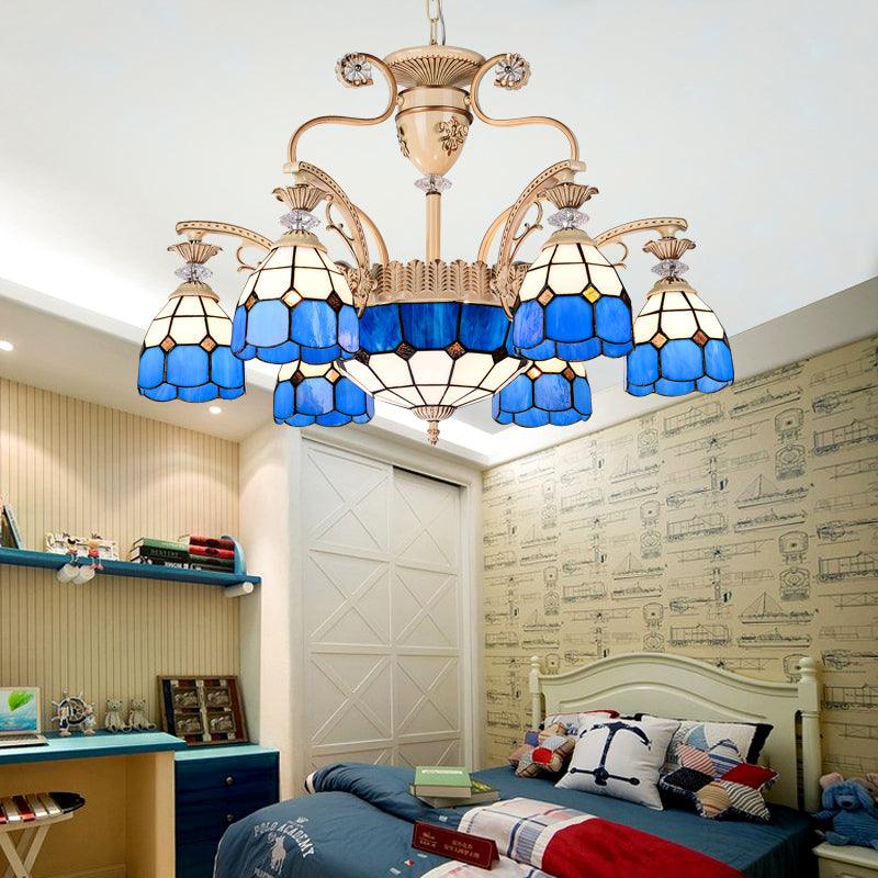9-Light Chandelier Lighting Tiffany Grid Patterned Stained Glass Ceiling Lamp in Blue - Rebooters