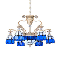 9-Light Chandelier Lighting Tiffany Grid Patterned Stained Glass Ceiling Lamp in Blue - Rebooters