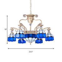 9-Light Chandelier Lighting Tiffany Grid Patterned Stained Glass Ceiling Lamp in Blue - Rebooters