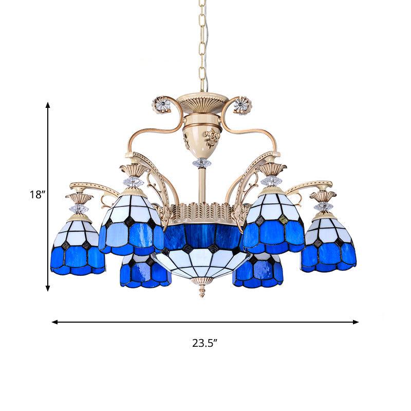 9-Light Chandelier Lighting Tiffany Grid Patterned Stained Glass Ceiling Lamp in Blue - Rebooters