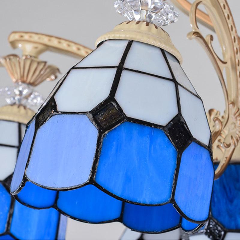 9-Light Chandelier Lighting Tiffany Grid Patterned Stained Glass Ceiling Lamp in Blue - Rebooters