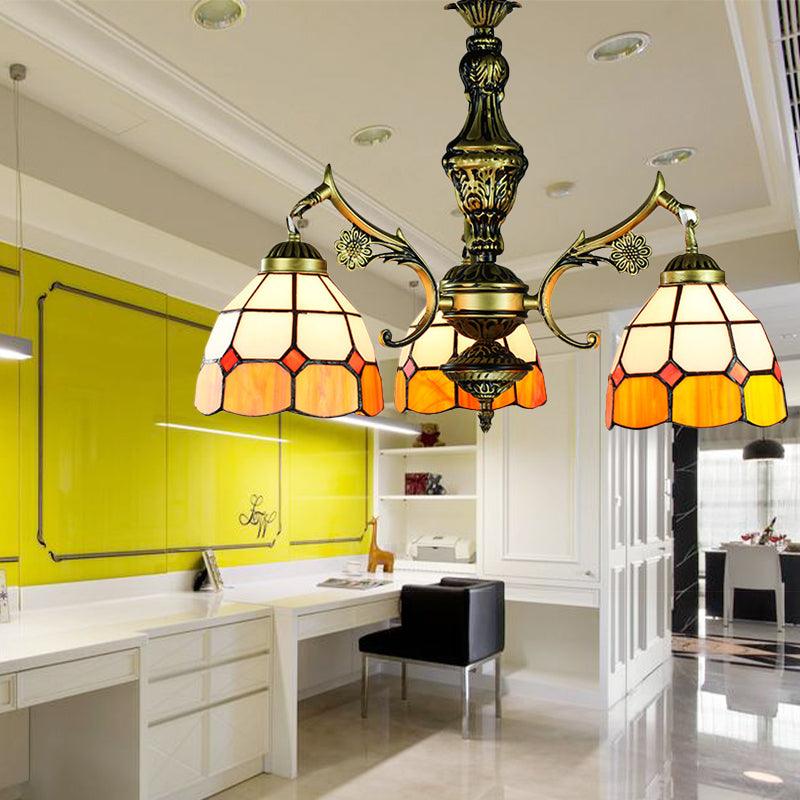 3/5/9/11 Lights Vintage Semi Globe Hanging Ceiling Light Stained Glass Indoor Lighting in Yellow for Library - Rebooters