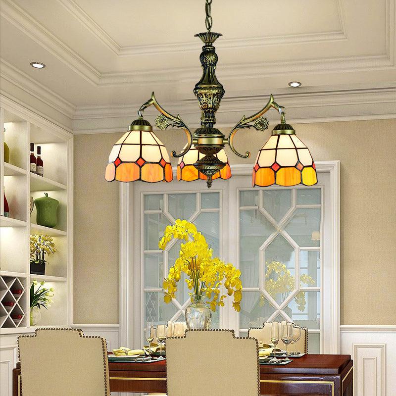 3/5/9/11 Lights Vintage Semi Globe Hanging Ceiling Light Stained Glass Indoor Lighting in Yellow for Library - Rebooters