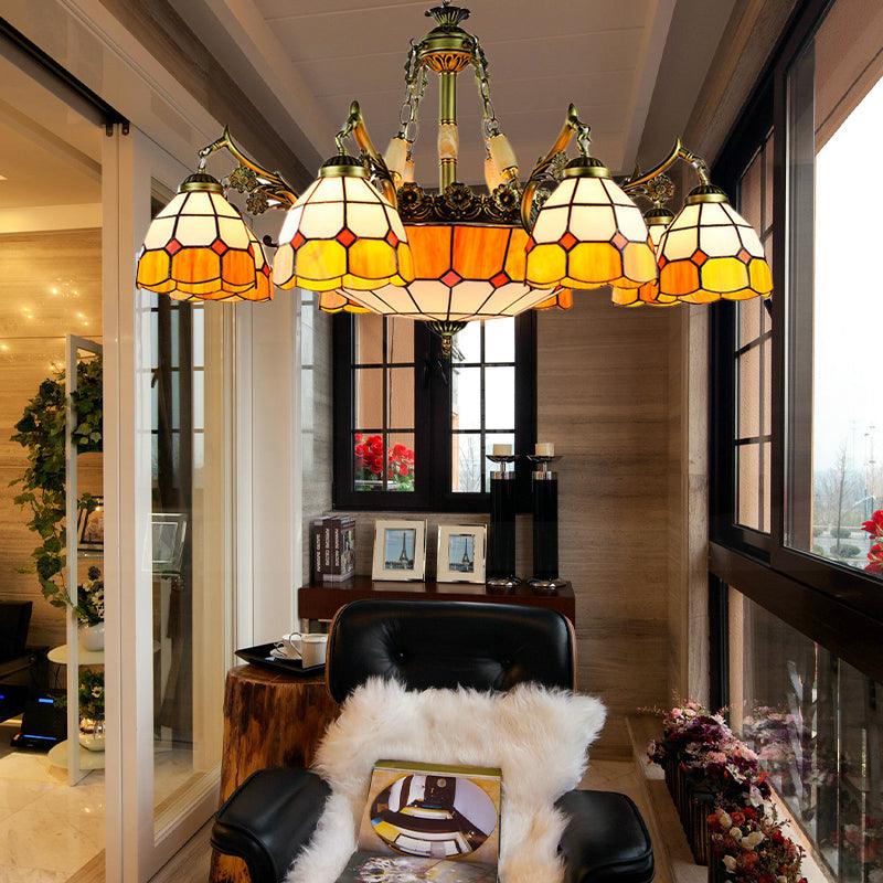 3/5/9/11 Lights Vintage Semi Globe Hanging Ceiling Light Stained Glass Indoor Lighting in Yellow for Library - Rebooters