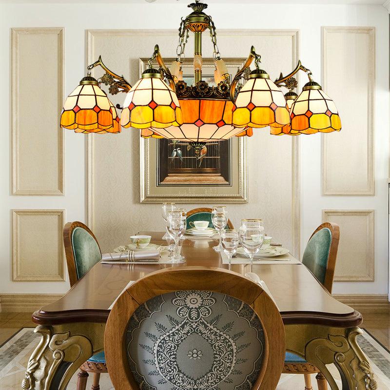 3/5/9/11 Lights Vintage Semi Globe Hanging Ceiling Light Stained Glass Indoor Lighting in Yellow for Library - Rebooters