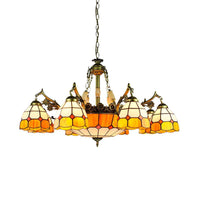 3/5/9/11 Lights Vintage Semi Globe Hanging Ceiling Light Stained Glass Indoor Lighting in Yellow for Library - Rebooters