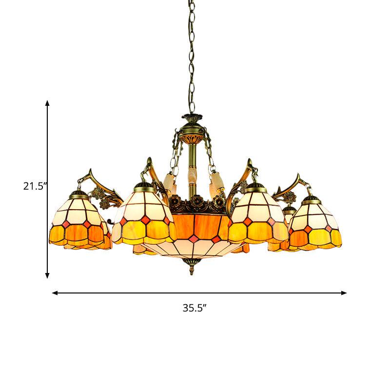 3/5/9/11 Lights Vintage Semi Globe Hanging Ceiling Light Stained Glass Indoor Lighting in Yellow for Library - Rebooters