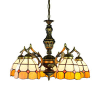 3/5/9/11 Lights Vintage Semi Globe Hanging Ceiling Light Stained Glass Indoor Lighting in Yellow for Library - Rebooters