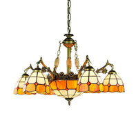 3/5/9/11 Lights Vintage Semi Globe Hanging Ceiling Light Stained Glass Indoor Lighting in Yellow for Library - Rebooters
