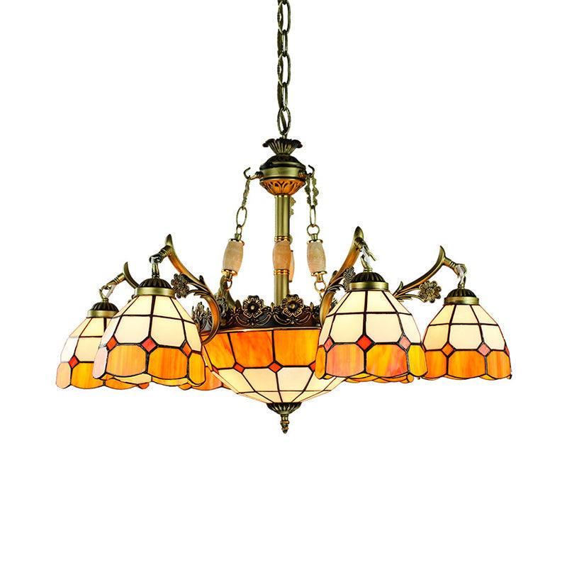3/5/9/11 Lights Vintage Semi Globe Hanging Ceiling Light Stained Glass Indoor Lighting in Yellow for Library - Rebooters