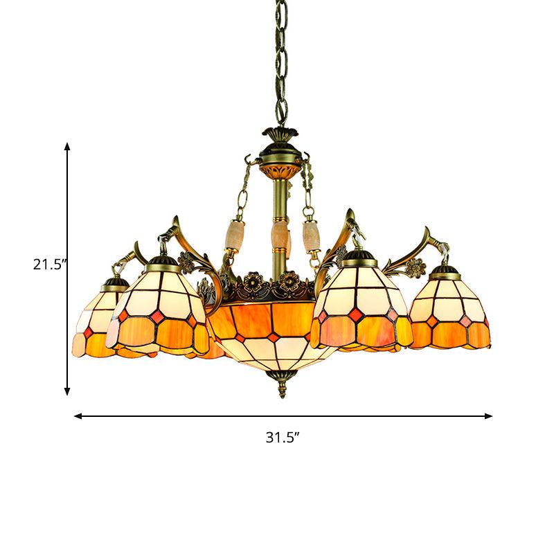 3/5/9/11 Lights Vintage Semi Globe Hanging Ceiling Light Stained Glass Indoor Lighting in Yellow for Library - Rebooters