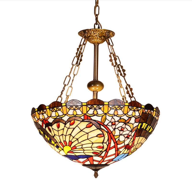 3 Bulbs Bowl Chandelier Lighting Stained Glass Shade Multi Color - Rebooters