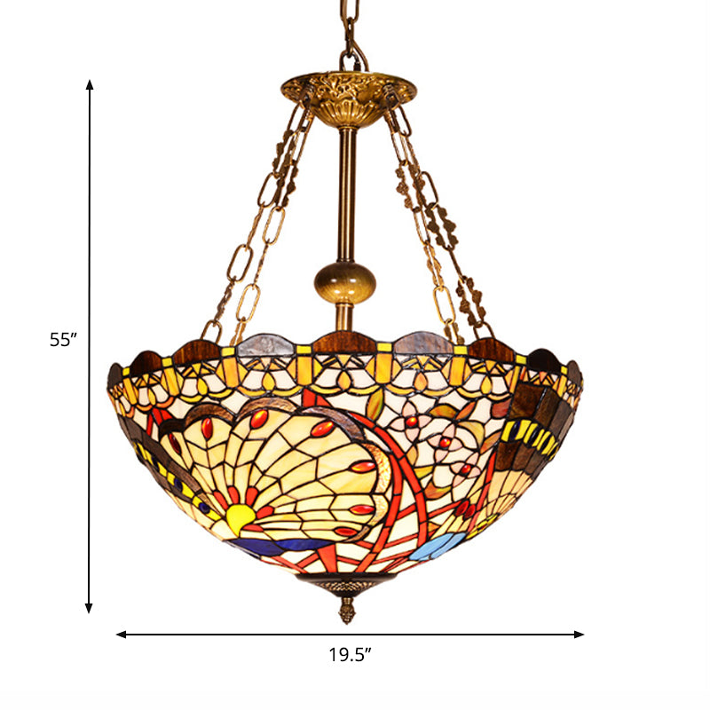 3 Bulbs Bowl Chandelier Lighting Stained Glass Shade Multi Color - Rebooters