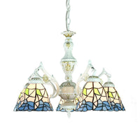 5 Lights Tiffany Flower Square Gem Diamond Chandelier Light Stained Glass Indoor Lighting for Foyer with Adjustable Chain in Blue - Rebooters