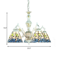 5 Lights Tiffany Flower Square Gem Diamond Chandelier Light Stained Glass Indoor Lighting for Foyer with Adjustable Chain in Blue - Rebooters