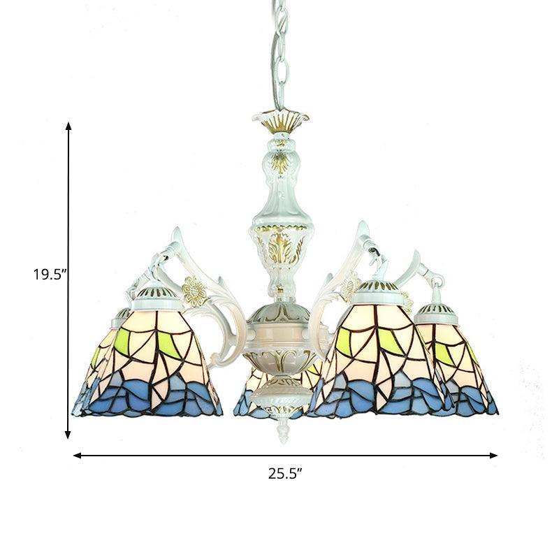 5 Lights Tiffany Flower Square Gem Diamond Chandelier Light Stained Glass Indoor Lighting for Foyer with Adjustable Chain in Blue - Rebooters