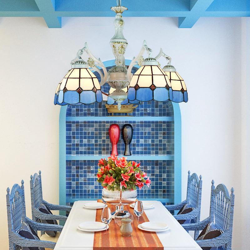 5 Lights Tiffany Flower Square Gem Diamond Chandelier Light Stained Glass Indoor Lighting for Foyer with Adjustable Chain in Blue - Rebooters