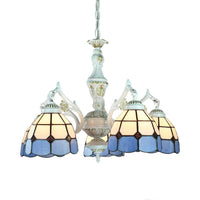 5 Lights Tiffany Flower Square Gem Diamond Chandelier Light Stained Glass Indoor Lighting for Foyer with Adjustable Chain in Blue - Rebooters
