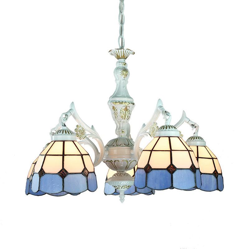 5 Lights Tiffany Flower Square Gem Diamond Chandelier Light Stained Glass Indoor Lighting for Foyer with Adjustable Chain in Blue - Rebooters