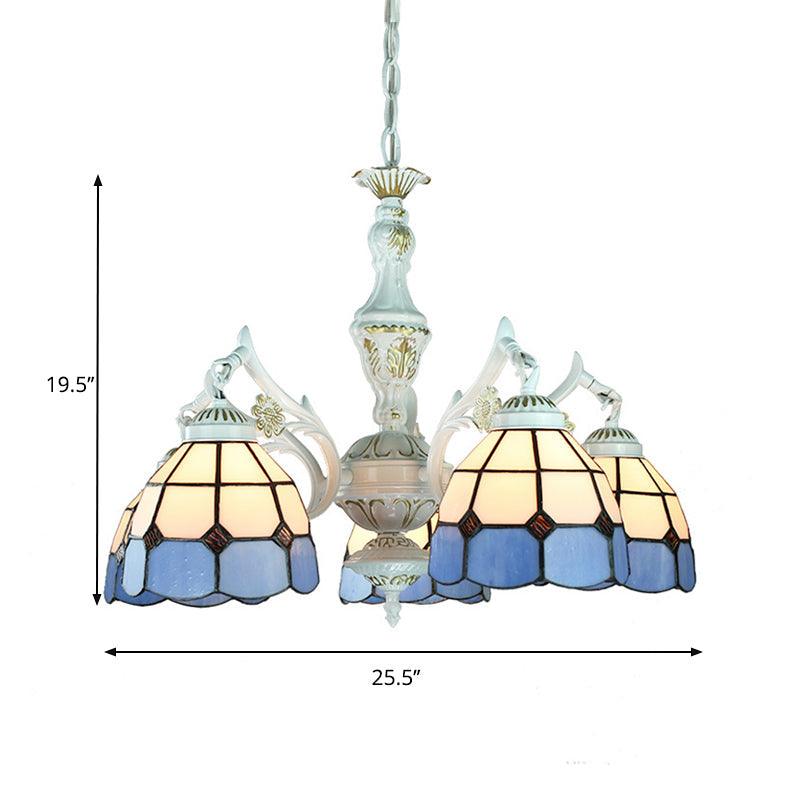 5 Lights Tiffany Flower Square Gem Diamond Chandelier Light Stained Glass Indoor Lighting for Foyer with Adjustable Chain in Blue - Rebooters