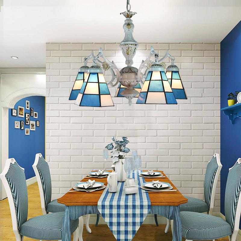 5 Lights Tiffany Flower Square Gem Diamond Chandelier Light Stained Glass Indoor Lighting for Foyer with Adjustable Chain in Blue - Rebooters