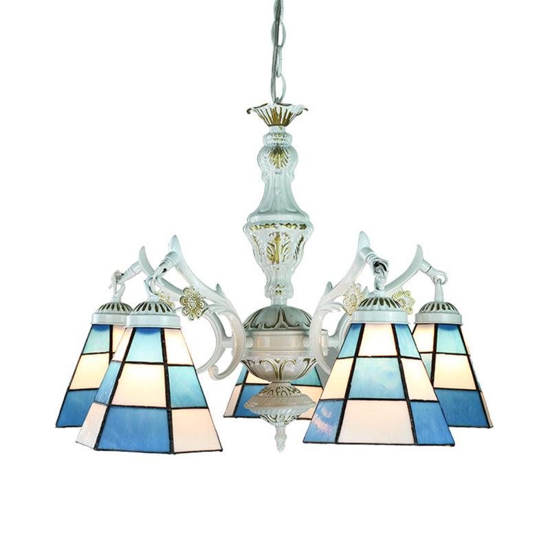 5 Lights Tiffany Flower Square Gem Diamond Chandelier Light Stained Glass Indoor Lighting for Foyer with Adjustable Chain in Blue - Rebooters