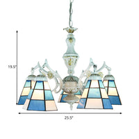5 Lights Tiffany Flower Square Gem Diamond Chandelier Light Stained Glass Indoor Lighting for Foyer with Adjustable Chain in Blue - Rebooters