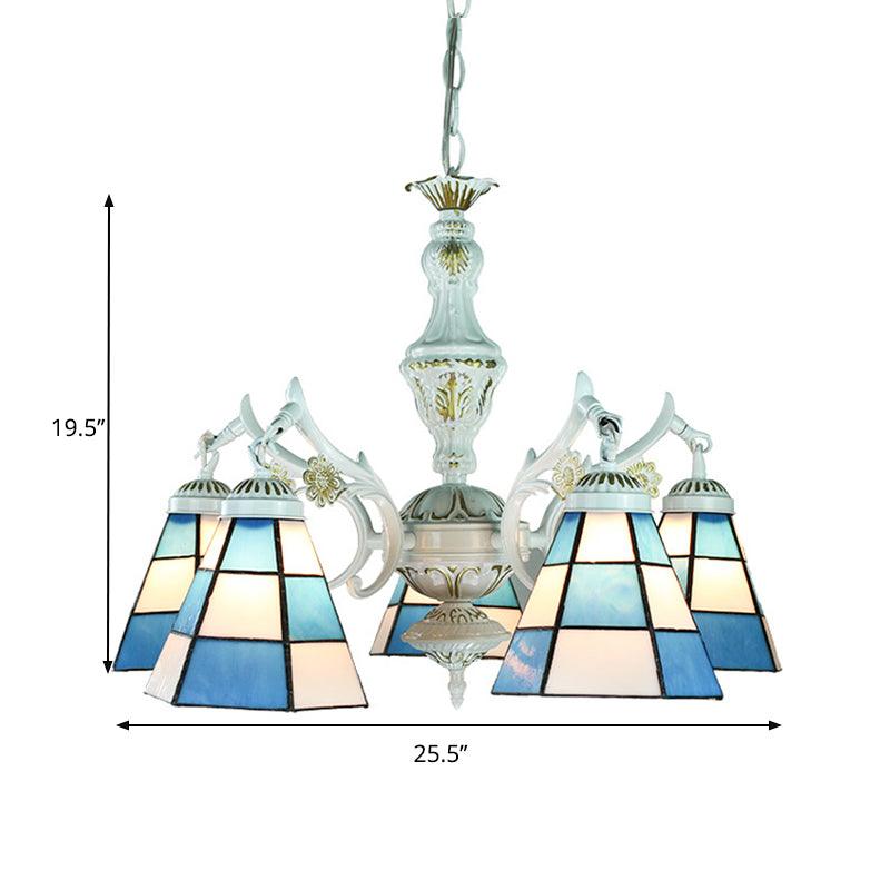 5 Lights Tiffany Flower Square Gem Diamond Chandelier Light Stained Glass Indoor Lighting for Foyer with Adjustable Chain in Blue - Rebooters