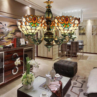 5 Lights Bowl Ceiling Pendant Victorian Height Adjustable Stained Glass Chandelier - Rebooters