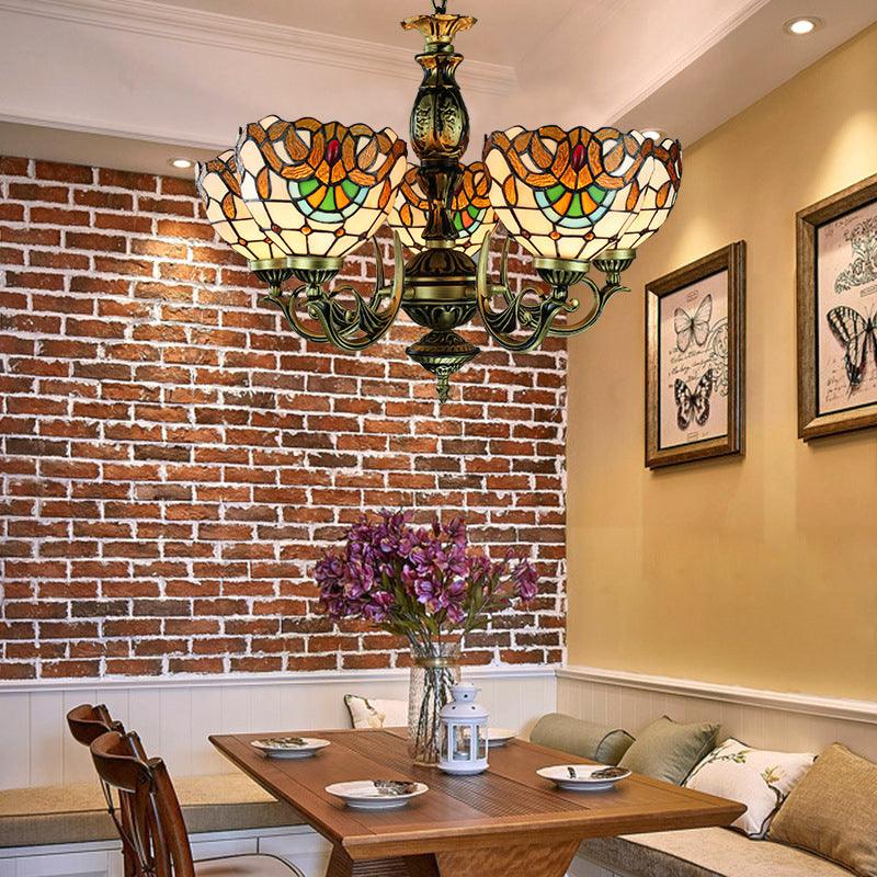 5 Lights Bowl Ceiling Pendant Victorian Height Adjustable Stained Glass Chandelier - Rebooters