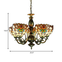5 Lights Bowl Ceiling Pendant Victorian Height Adjustable Stained Glass Chandelier - Rebooters