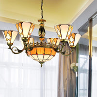 9 Lights Pendant Lamp Tiffany-Style Conical Stained Glass Ceiling Chandelier in Yellow - Rebooters