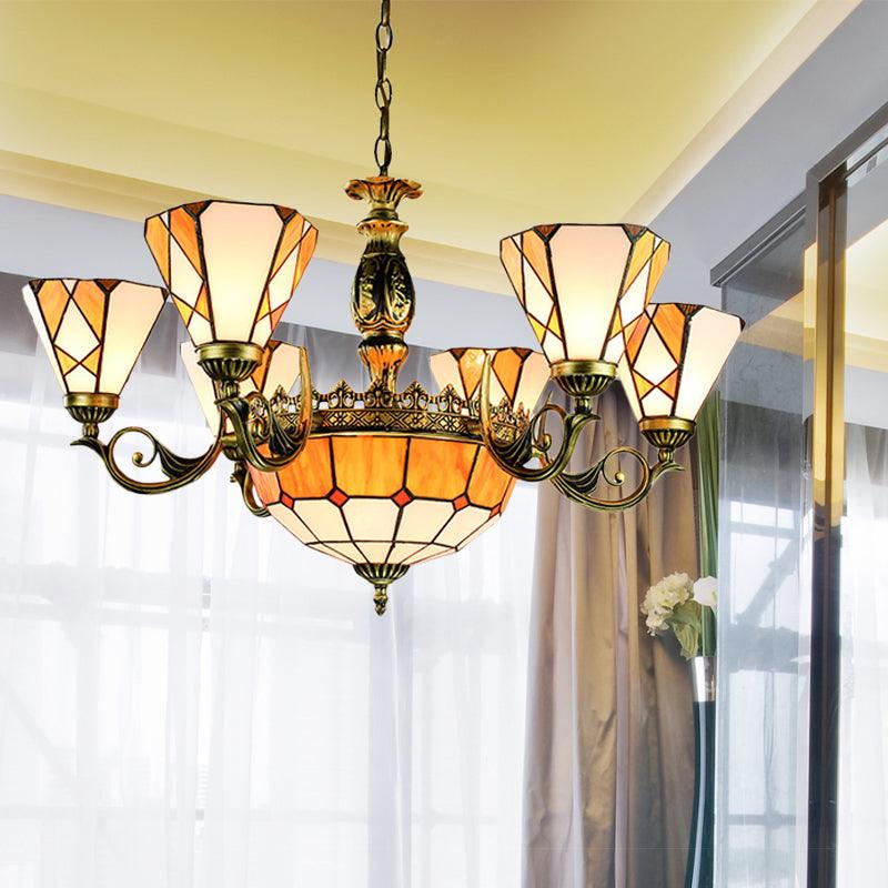 9 Lights Pendant Lamp Tiffany-Style Conical Stained Glass Ceiling Chandelier in Yellow - Rebooters