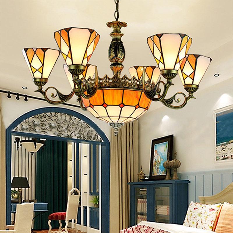 9 Lights Pendant Lamp Tiffany-Style Conical Stained Glass Ceiling Chandelier in Yellow - Rebooters