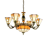 9 Lights Pendant Lamp Tiffany-Style Conical Stained Glass Ceiling Chandelier in Yellow - Rebooters
