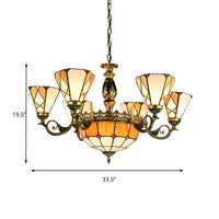 9 Lights Pendant Lamp Tiffany-Style Conical Stained Glass Ceiling Chandelier in Yellow - Rebooters