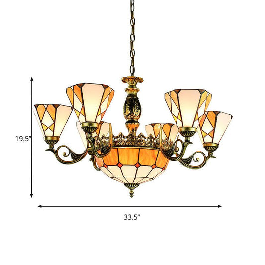 9 Lights Pendant Lamp Tiffany-Style Conical Stained Glass Ceiling Chandelier in Yellow - Rebooters